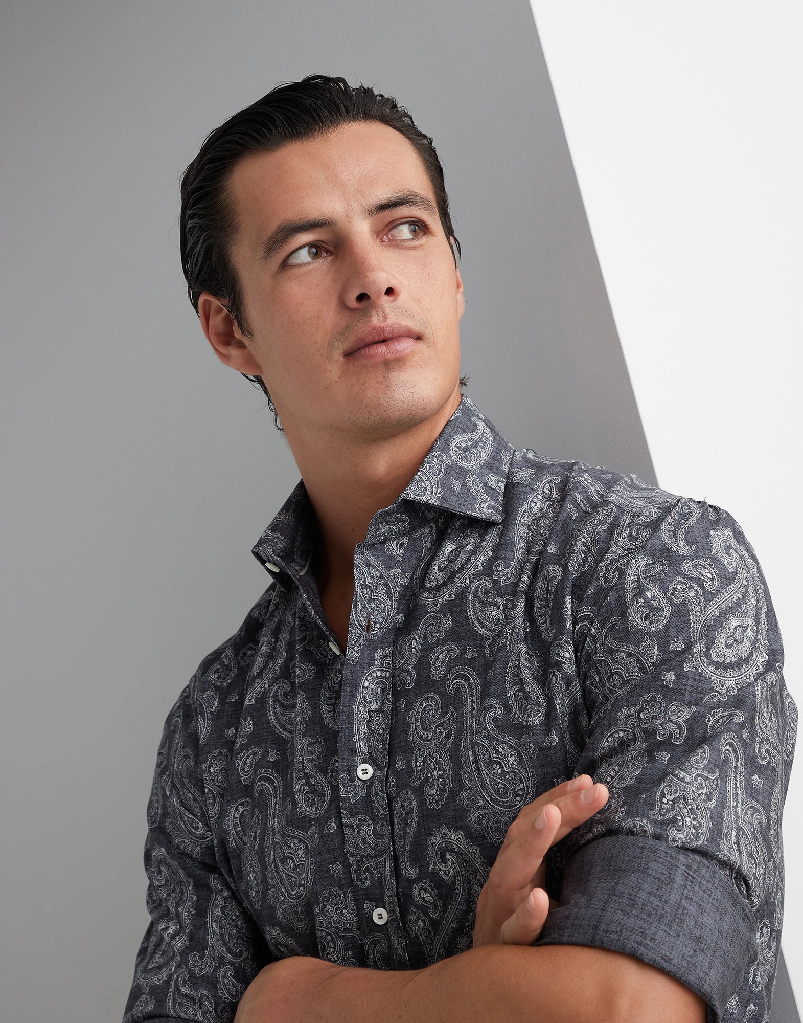 Paisley cotton slim fit shirt with spread collar