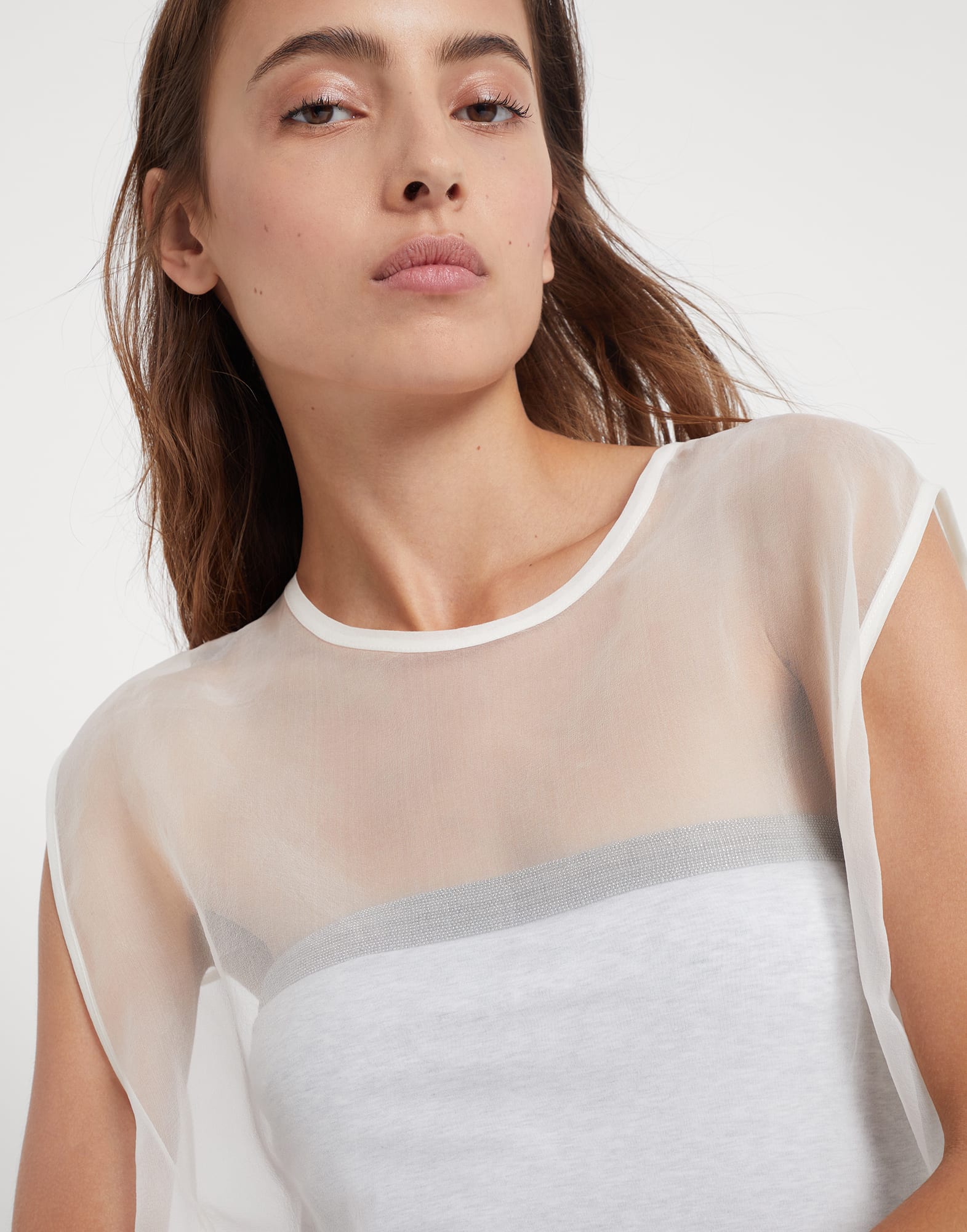 Crispy silk top with shiny trim bandeau in stretch cotton jersey