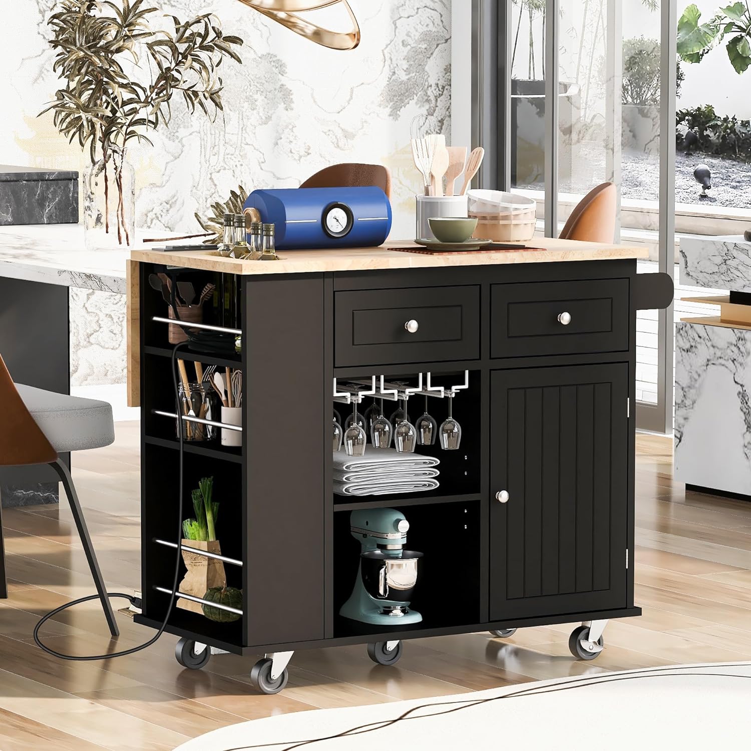 GLANZEND Kitchen Island with Drop-Leaf Countertop, Internal Storage Cabinet Racks, Rolling Kitchen Cart on 5 Wheels with Open Shelves and 3 Drawers, Spice Holder, for Dining Room, Black
