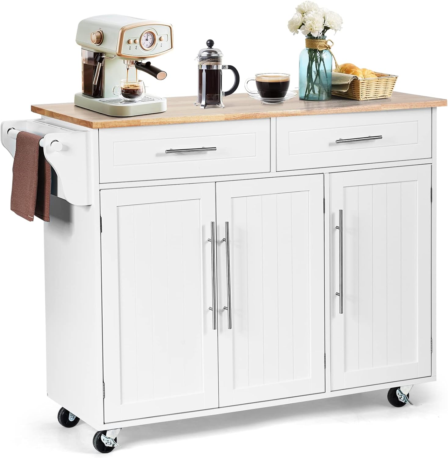 COSTWAY Mobile Kitchen Island Cart, Rolling Storage Trolley with Towel Bar, 2 Deep Drawers, 3 Door Cabinets, Swivel Casters, Rubber Wood Top, Ideal for Kitchen, Dining Room, Restaurant, Cafe (Coffee)