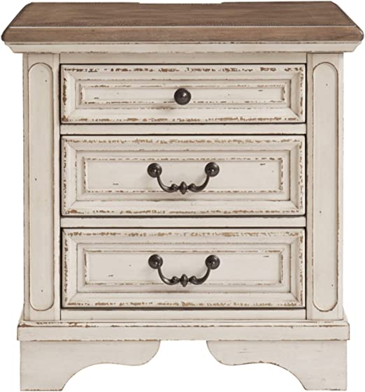Signature Design by Ashley Realyn French Country 3 Drawer Nightstand with Electrical Outlets & USB Ports, Chipped White