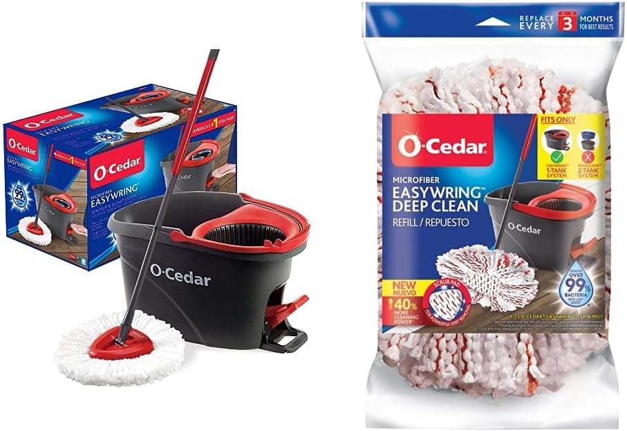 O-Cedar EasyWring Microfiber Spin Mop, Bucket Floor Cleaning System, Red, Gray
