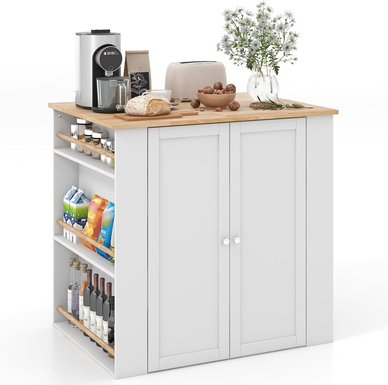 Giantex Kitchen Island with Storage, 2-Door Buffet Cabinet, 6-Tier Spice Racks, Drawer, Shelves, Rubber Wood Countertop, Floor Sideboard, Stationary Island Table for Home Breakfast Coffee Bar, White