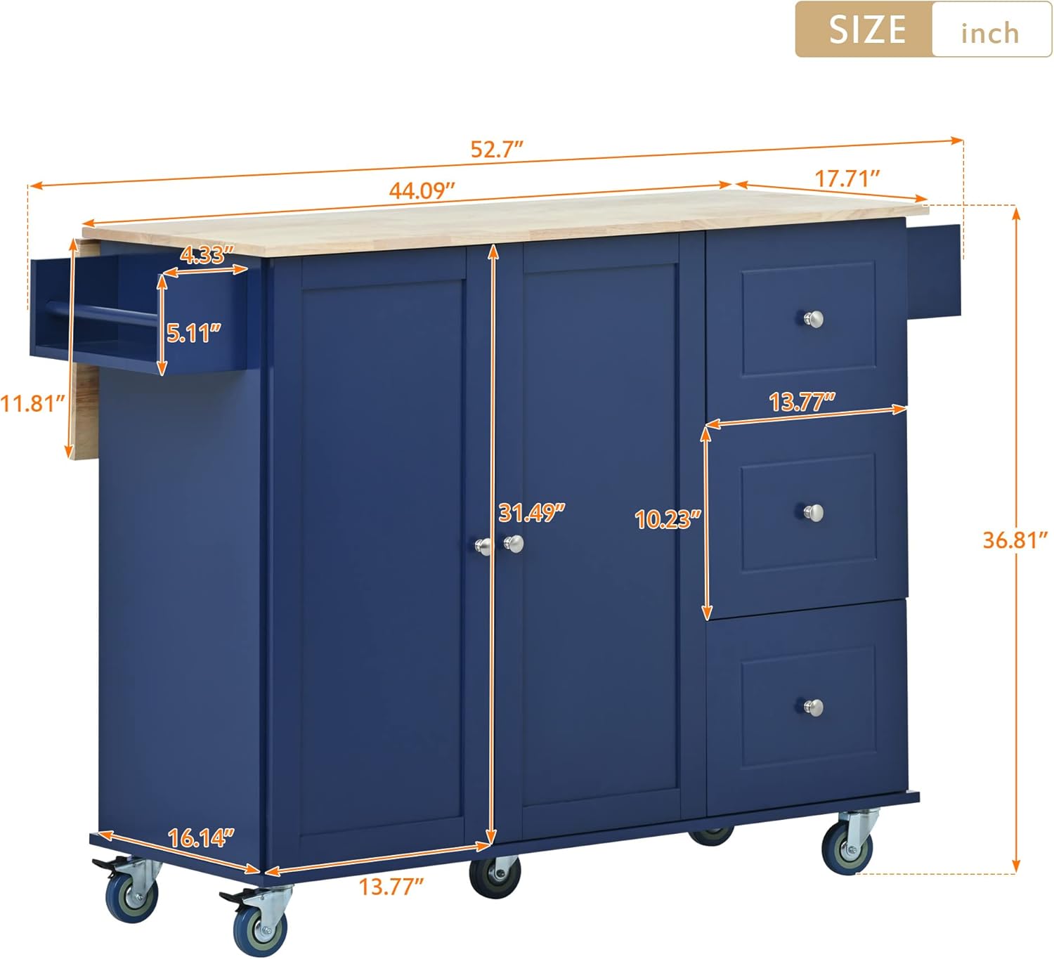 GINGVAT Rolling Mobile Kitchen Island with Locking Wheels,Storage Cabinet and Drop Leaf Breakfast Bar, Kitchen Cart for Home w/Spice Rack,Towel Rack & Drawer,Dark Blue