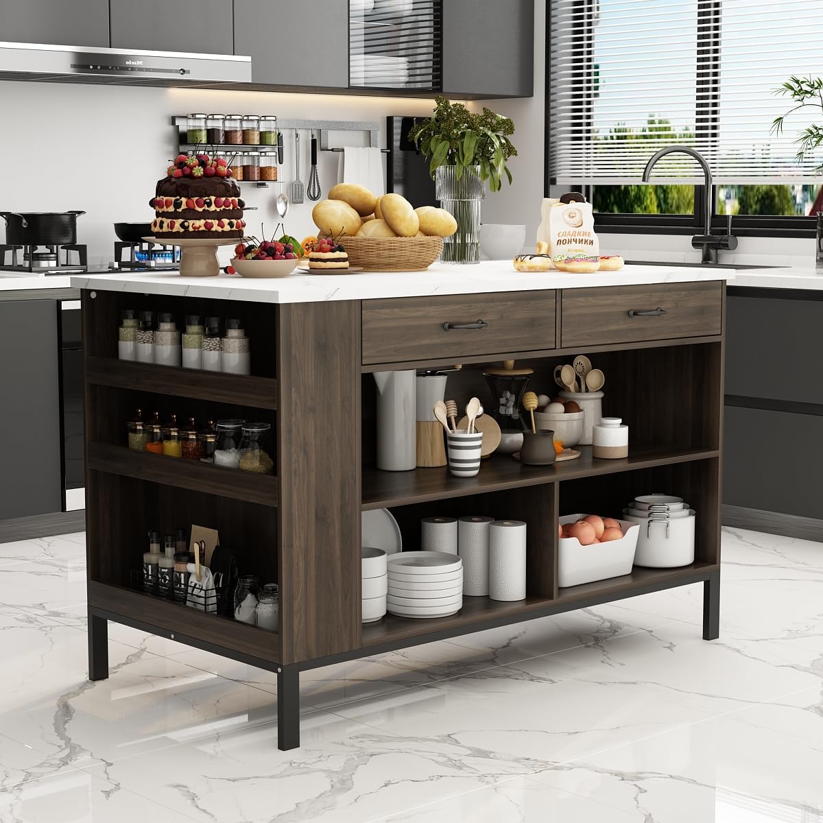 MOUMON Stationary Kitchen Island with 2 Drawers & Open Shelves, Kitchen Island Table with Metal Legs, Bar Table Island Table Brown and Marble White (55.1”W x 30”D x 36”H)