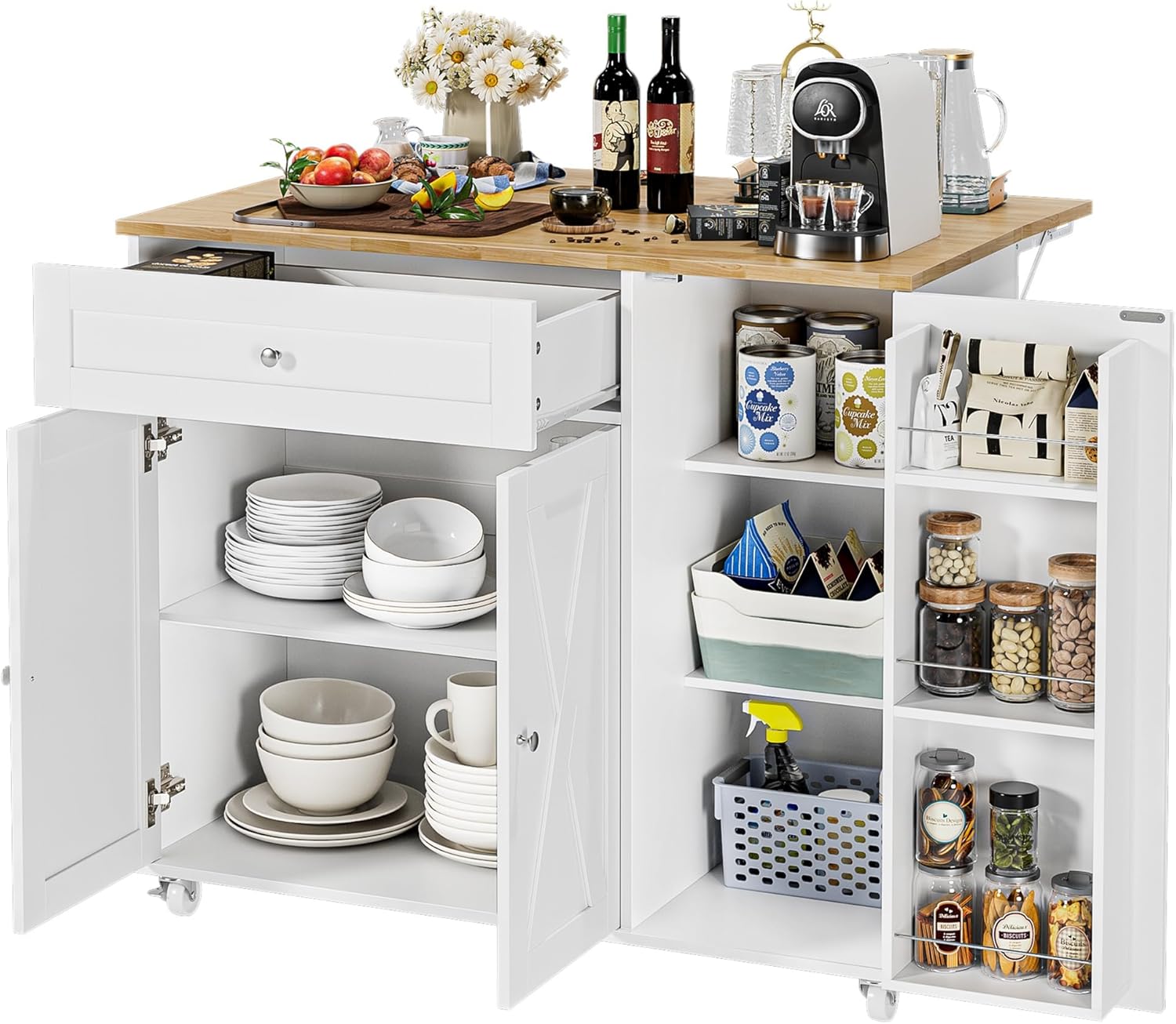 BOTLOG Kitchen Island with Storage, Island Table on Wheels for Kitchen with Drop Leaf, Spice Rack, Drawer, Towel Rack, Rolling Kitchen Island Cart for Dinning Room, White
