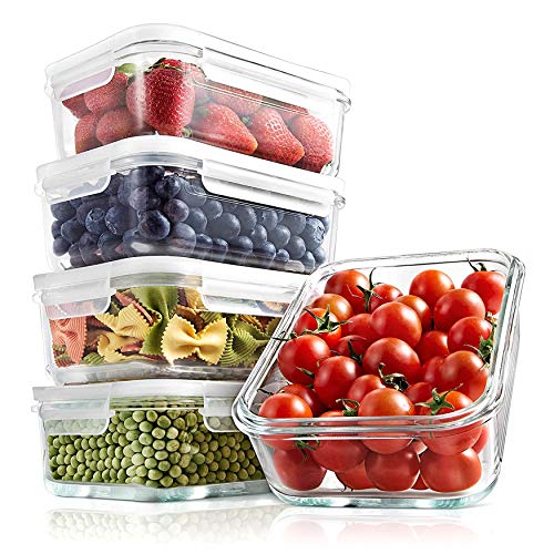 Superior Glass Food Storage Containers - 10 Piece Stackable Glass -Newly, BPA-Free 100% Leakproof Locking Lids w/ Air Hole - Freezer-to-Oven-Safe -NutriChef NCCLX5