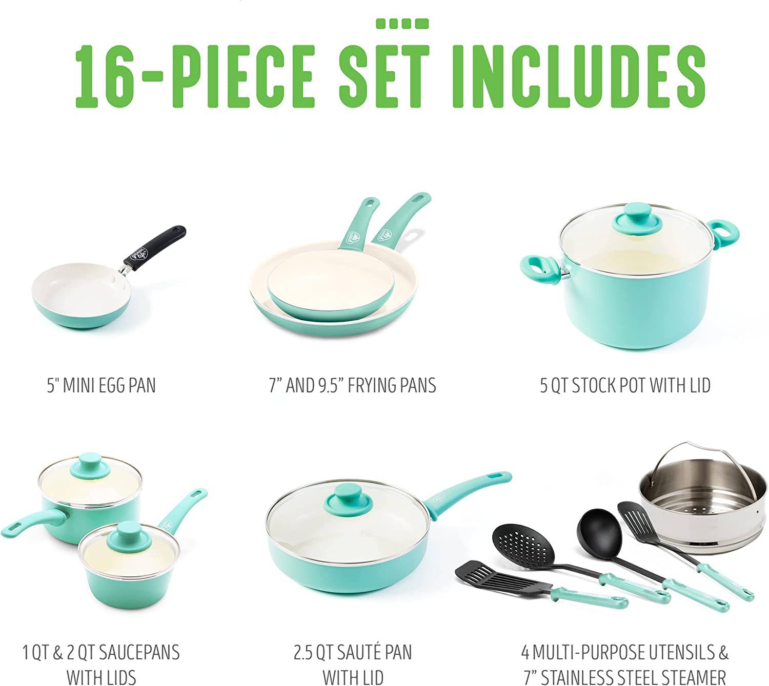Soft Grip Healthy Ceramic Nonstick 16 Piece Cookware Pots and Pans Set, PFAS-Free, Dishwasher Safe, Turquoise