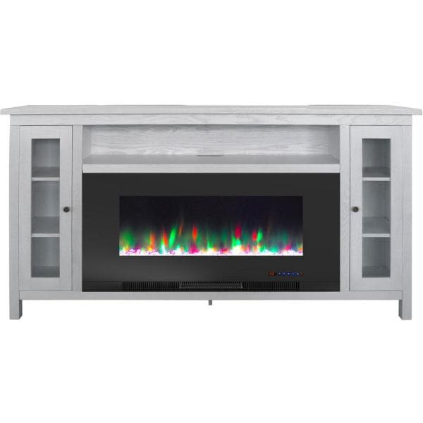 Somerset 70 in. White Electric Fireplace TV Stand in Multi-Color with LED Flames Crystal Rock Display and Remote Control