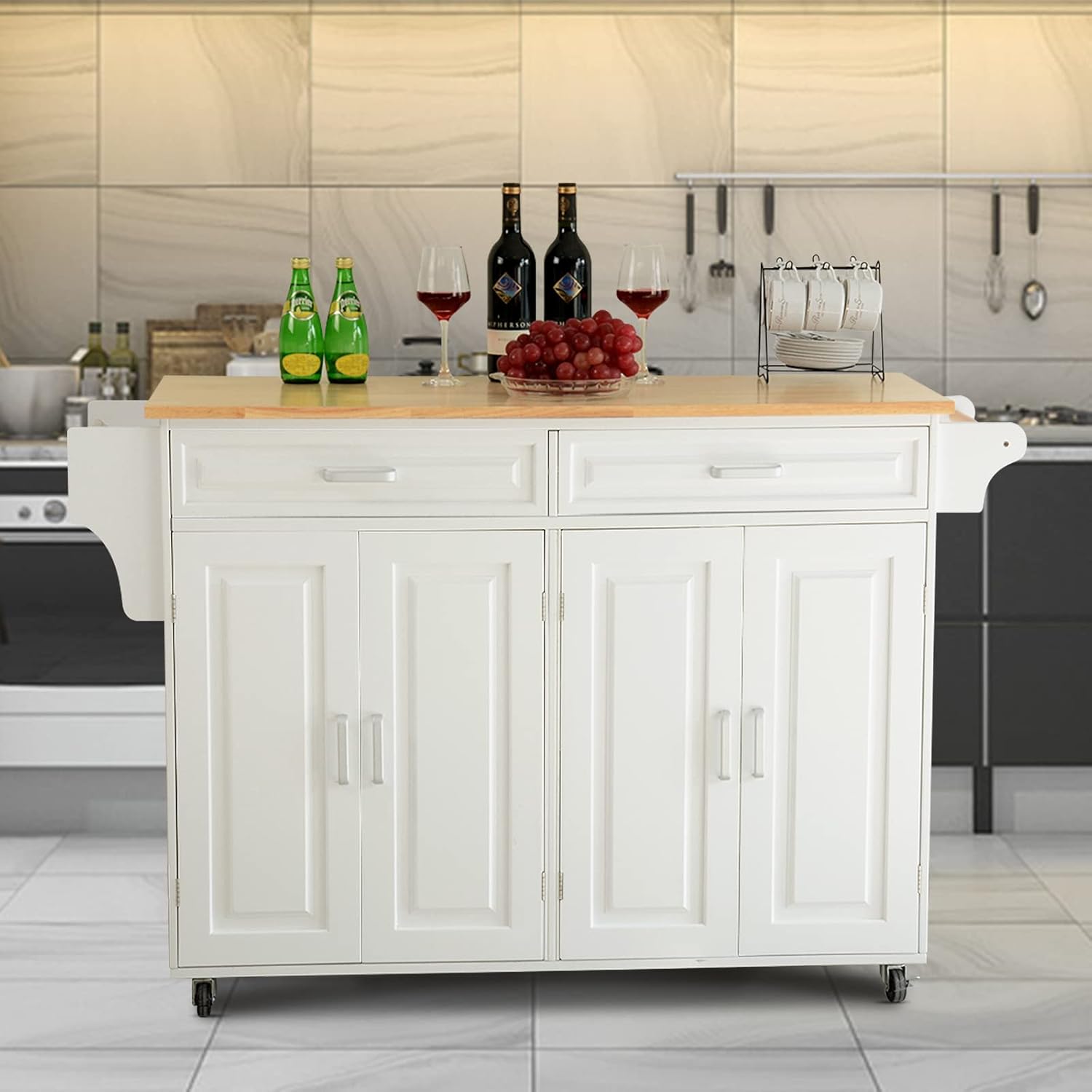 Unovivy Large Kitchen Island with Storage, Kitchen Cart on Wheels with 2 Large Drawers, Adjustable Shelf Inside Cabinet, Spice Rack & Towel Rack, Simple Design Rolling Island Table for Kitchen