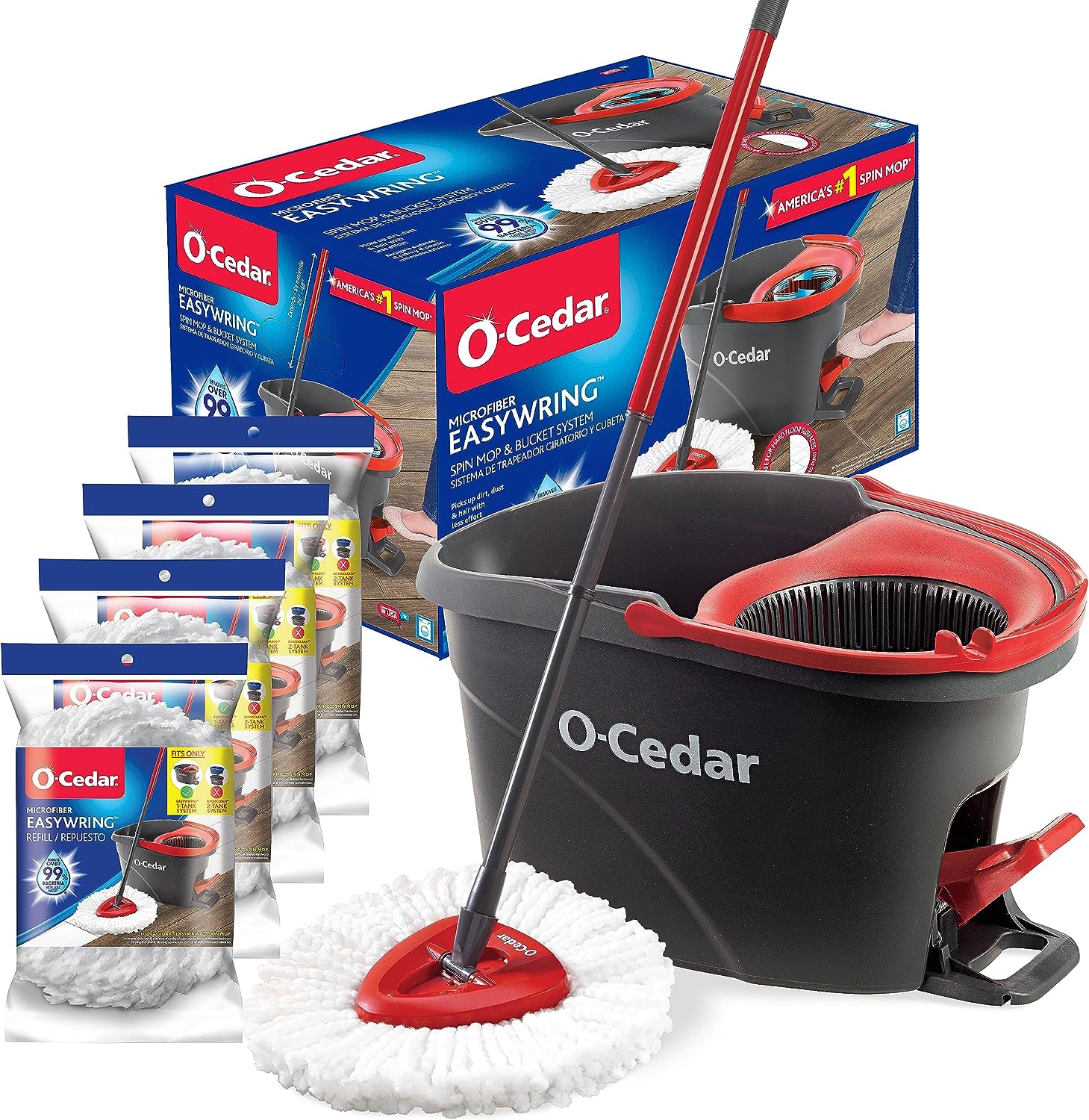 O-Cedar EasyWring Microfiber Spin Mop, Bucket Floor Cleaning System, Red, Gray