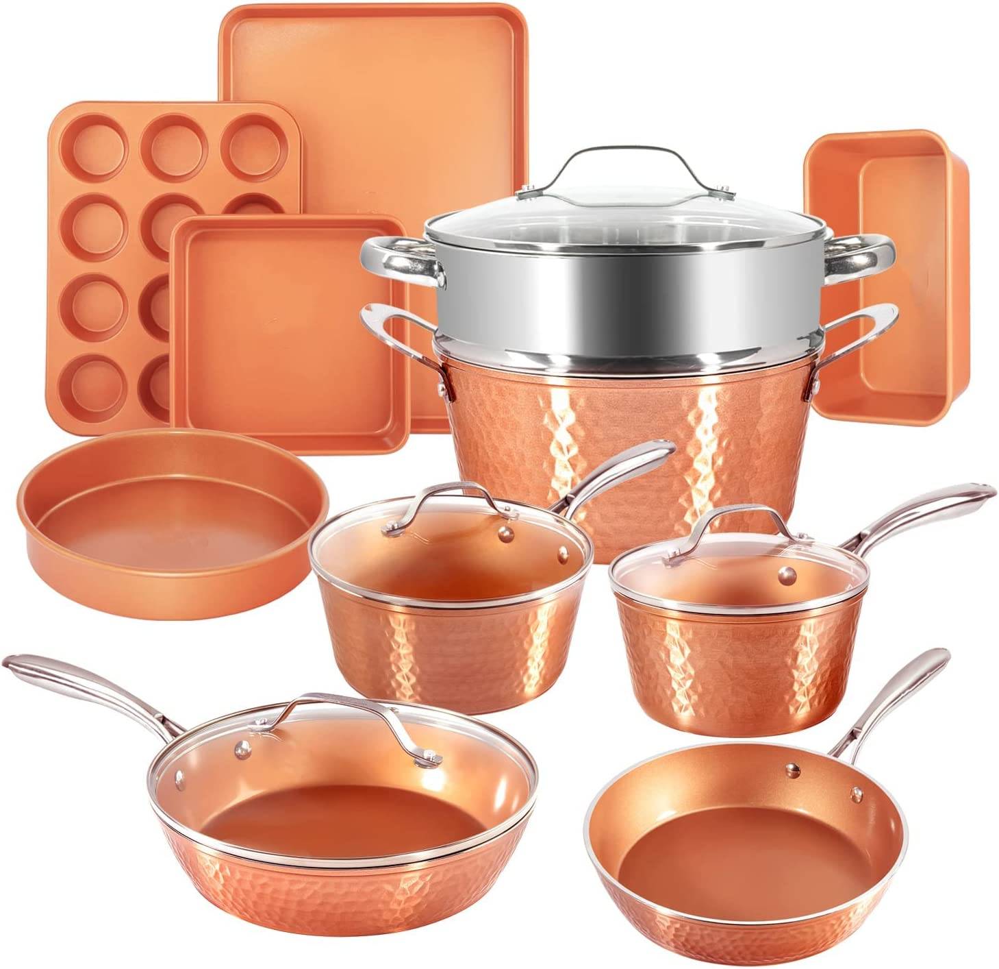 Steel Hammered Pots and Pans Set Nonstick, 15 Pc Elegant Kitchen Cookware Set & Bakeware Set, Ultra Durable Pots and Pans for Cooking with Nonstick Ceramic Coating, Dishwasher Safe, Toxin Free