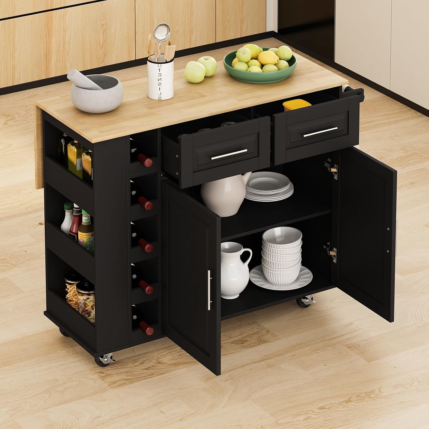 Xjwzei Kitchen Island Cart with Drop Leaf Breakfast Bar & Large Worktop, Rolling Mobile Kitchen Kitchen Cart Wtih Storage, Spice Rack, Towel Holder & Wine Rack, White