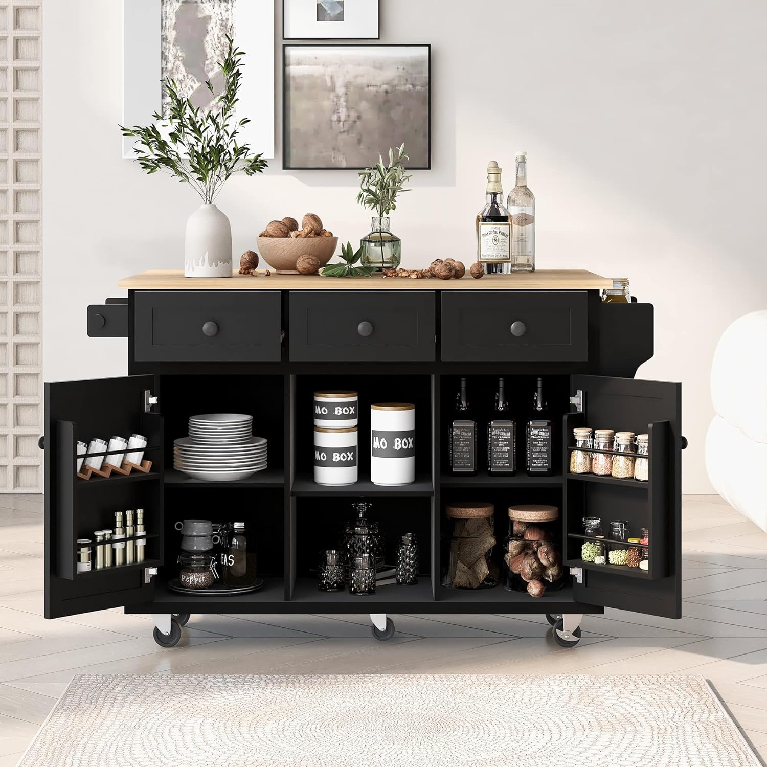 GINGVAT Mobile Kitchen Cart with Rubber 5 Wheels with 3 Drawers, Rubber Wood Drop-Leaf Tabletop and Storage, Kitchen Island with 3 Drawers and Spice Rack&Towel Rack, Black
