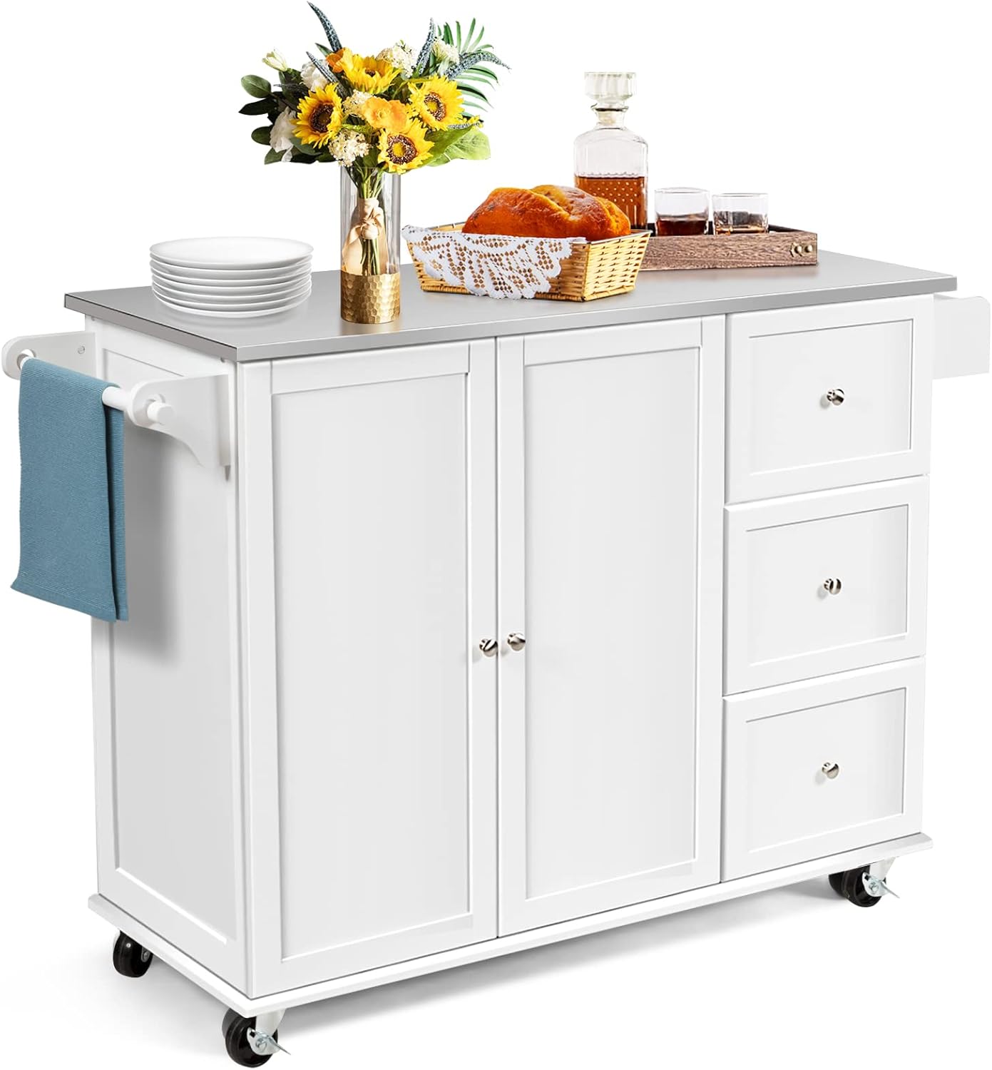 COSTWAY Kitchen Island cart on Wheels, Mobile Serving Cart w/Stainless Steel Countertop, 3 Drawers, 2-Door Cabinet, Adjustable Shelves, Towel Holder & Spice Rack, Utility Trolley on Wheels, White