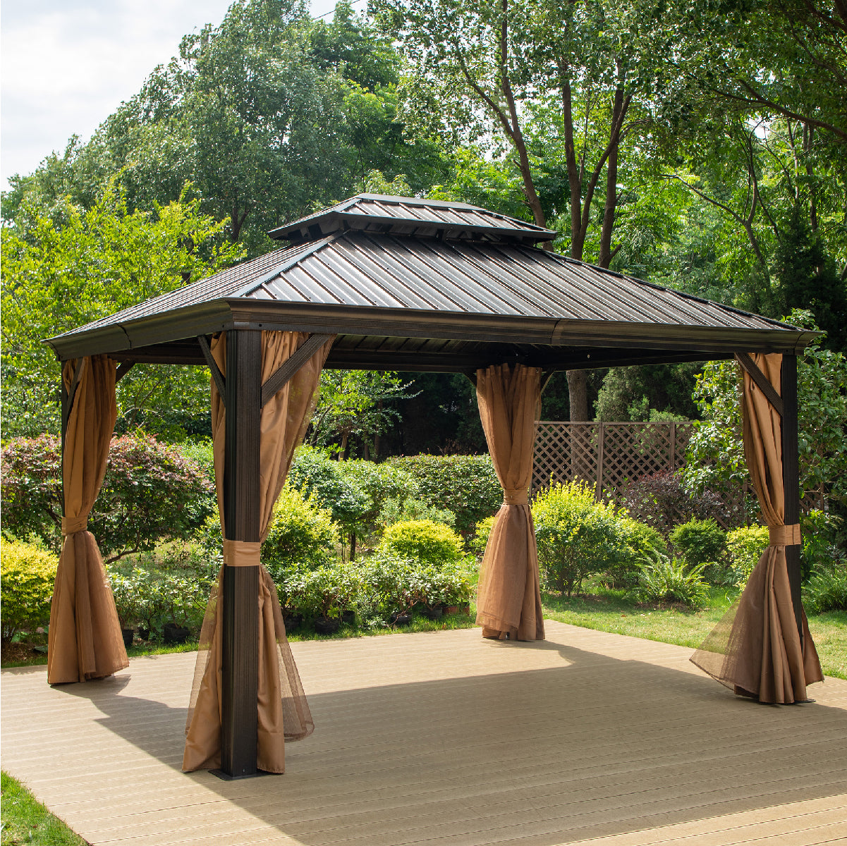 10' X 12' Outdoor Hardtop Gazebo Double Roof Canopy with Curtains and Netting