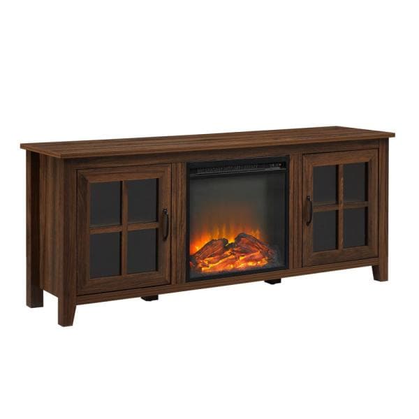 58 in. Dark Walnut Wood and Glass Transitional 2-Door Windowpane Fireplace TV Stand Fits TVs up to 65 in.