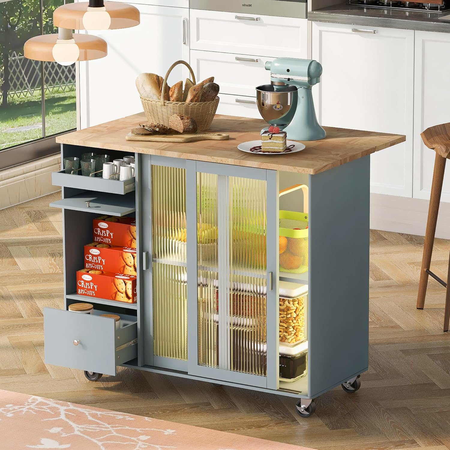 Lovtimber Kitchen Island on Wheels with LED Light, Kitchen Cart w/Drop Leaf, 2 Fluted Glass Doors and Flip Cabinet Door, Adjustable Shelf, Two Storage Drawers, Gray Blue