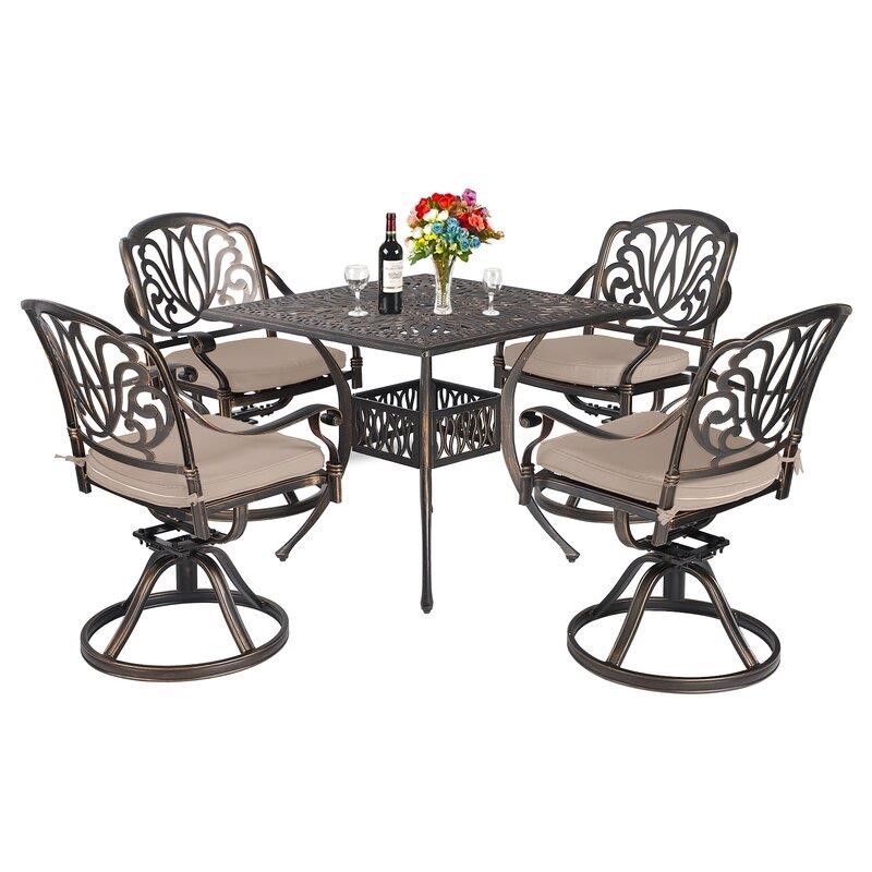 5 Piece Outdoor Dining Patio Set All-Weather Cast Square 4 - Person 35.4