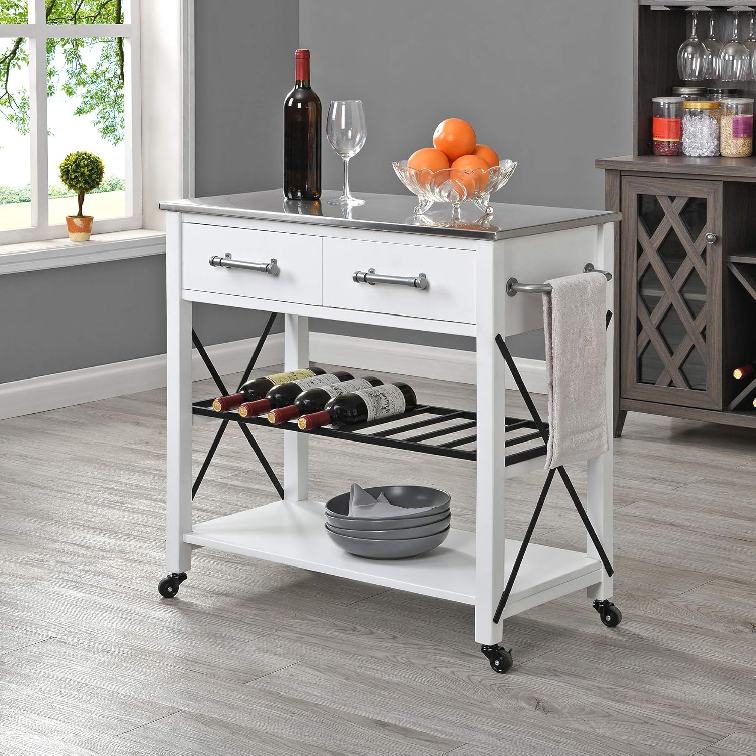 FirsTime & Co. Off-White and Brown Aurora Kitchen Cart, Coffee Bar and Microwave Stand, Island on Wheels with Storage, Wood and Metal, Farmhouse, 31.5 inches