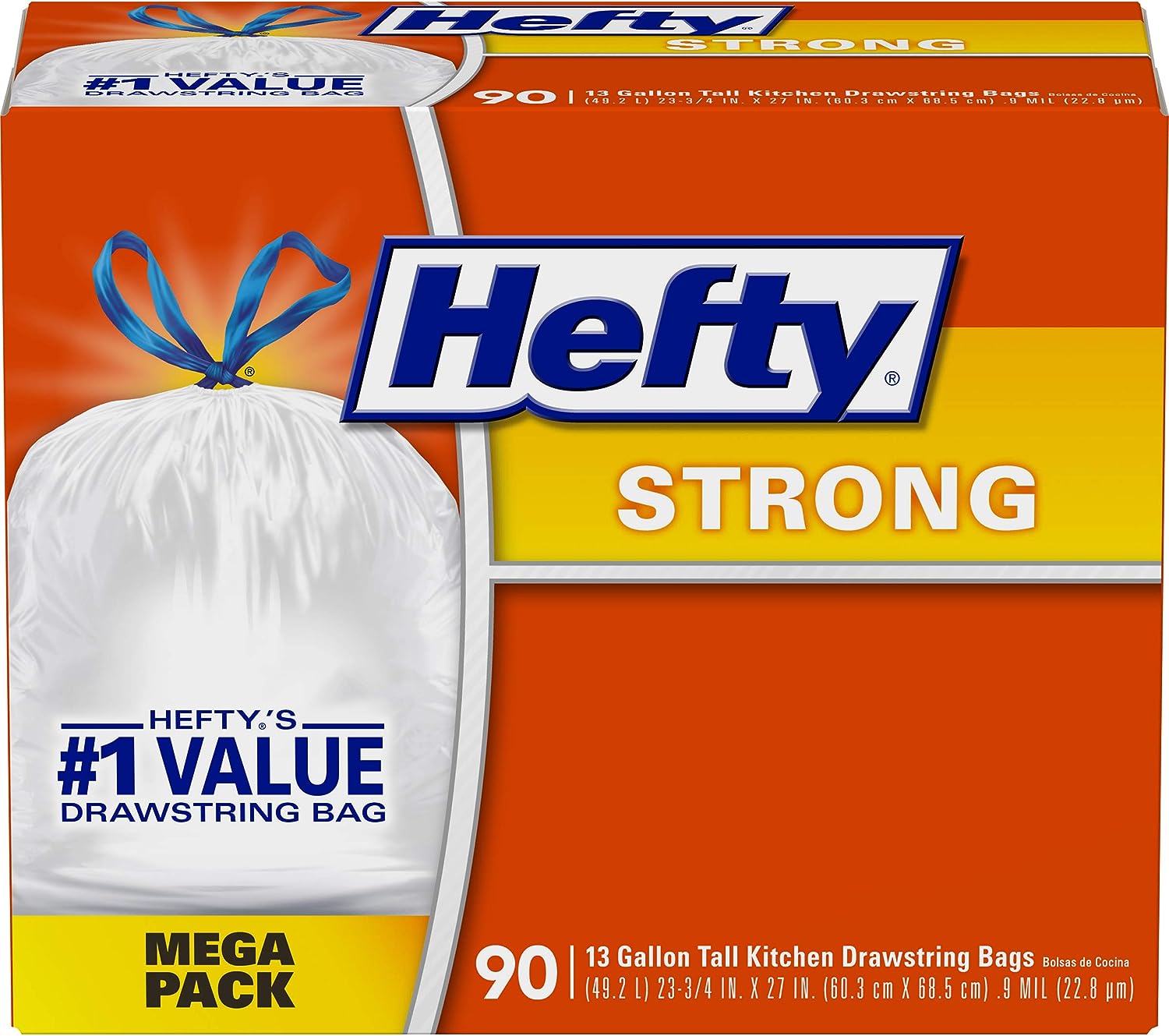Hefty Strong Tall Kitchen Trash Bags, Unscented, 13 Gallon, 90 Count, White,Packaging may vary