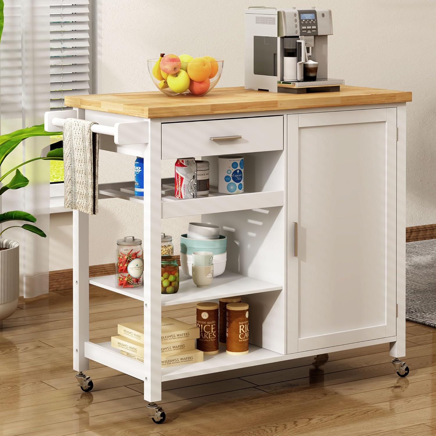 SogesHome Kitchen Island Cart with Storage, Sideboard and Buffet with Lockable Wheels, Bar Cart with Large Countertop, with Towel Holder&Spice Rack&1-Drawers&1-Door Cabinets&3-Tier Open Shelf