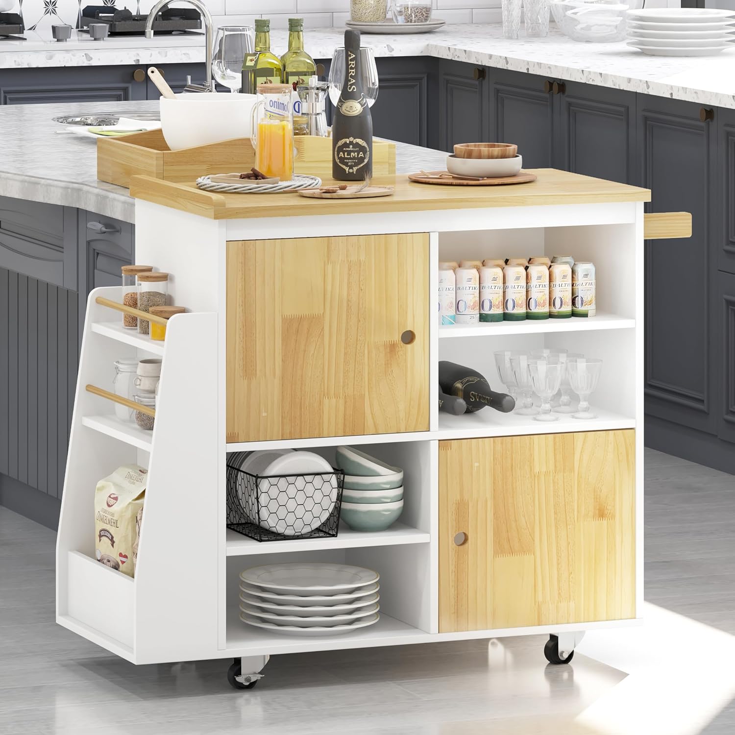 NSdirect Kitchen Island with Storage,Rolling Kitchen Island on Wheels Portable cart Rolling with Spice Racks Towel Holder Utility Trolley with Wood Tray for Home Hotel Kitchen Dinning Room,White