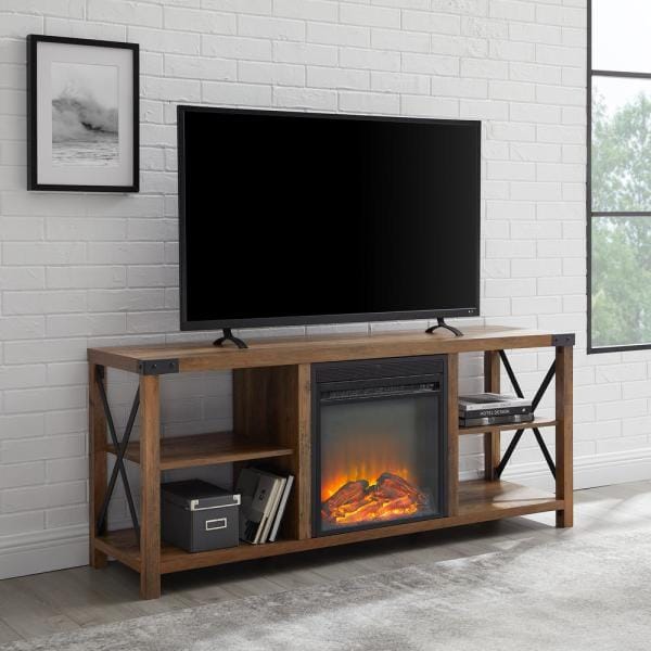 60 in. Reclaimed Barnwood Composite TV Stand Fits TVs Up to 65 in. with Electric Fireplace