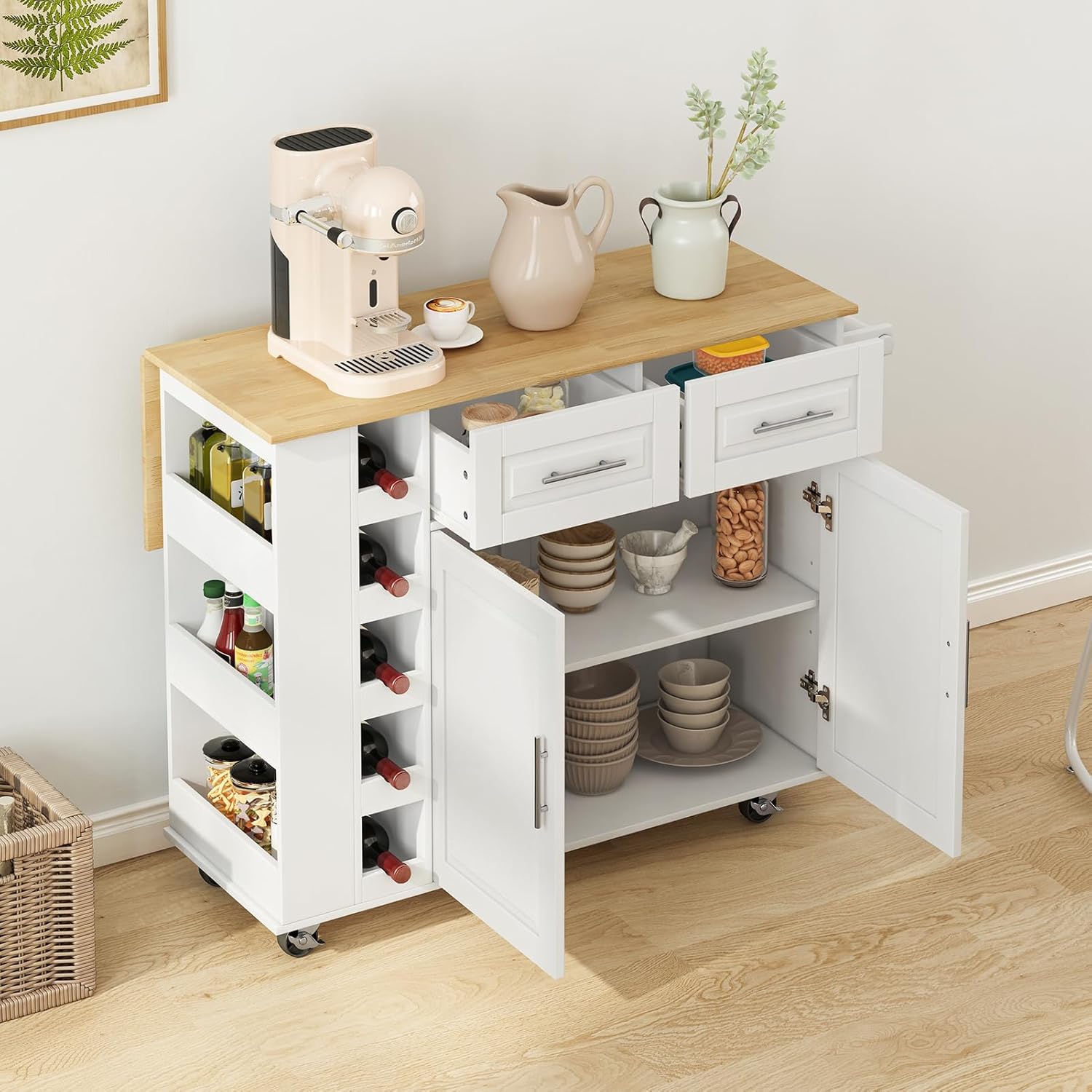 Xjwzei Kitchen Island Cart with Drop Leaf Breakfast Bar & Large Worktop, Rolling Mobile Kitchen Kitchen Cart Wtih Storage, Spice Rack, Towel Holder & Wine Rack, White