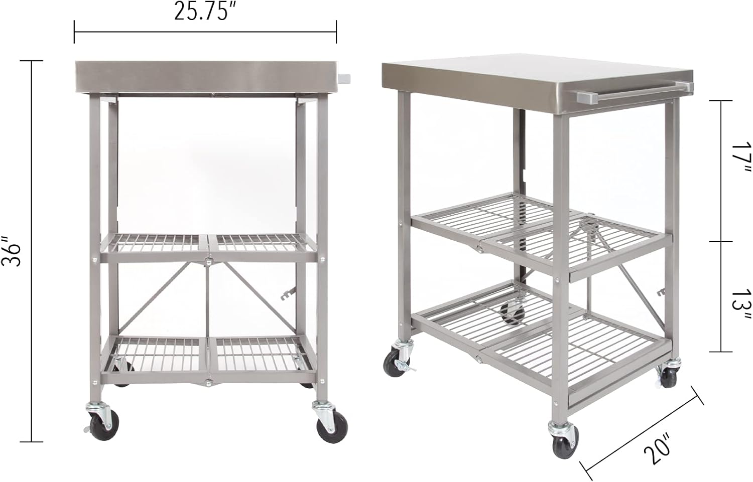 Origami Stainless Steel Table with Wheels, 3-Tier Foldable Rolling Cart Made of Commercial-Grade Metal - Stainless Steel Kitchen Island Design for Chefs Food Prep