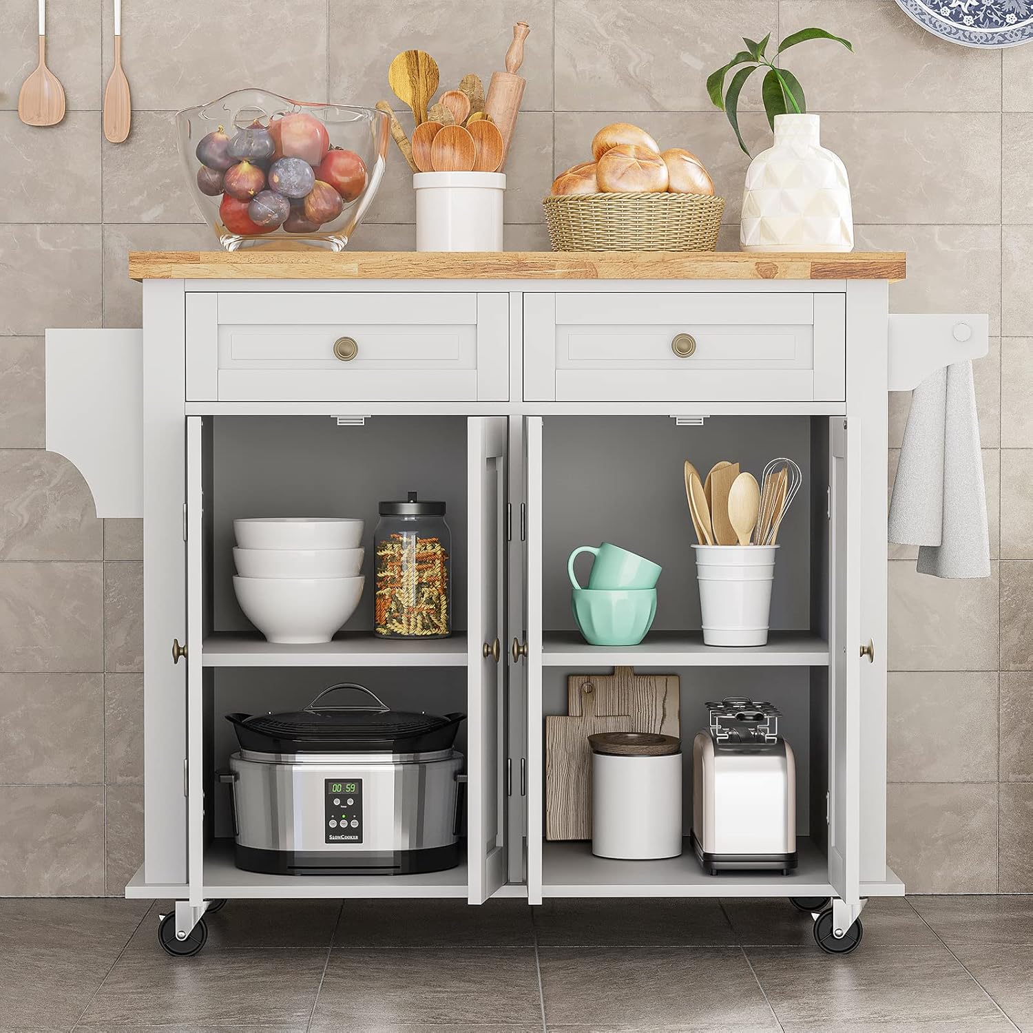 Rolling Kitchen Island with Drop Leaf – Movable Kitchen Carts on Wheels Island with Storage Cabinet, Island Table for Kitchen with Rubber Wood Top and Rack and Drawers, Matte, White