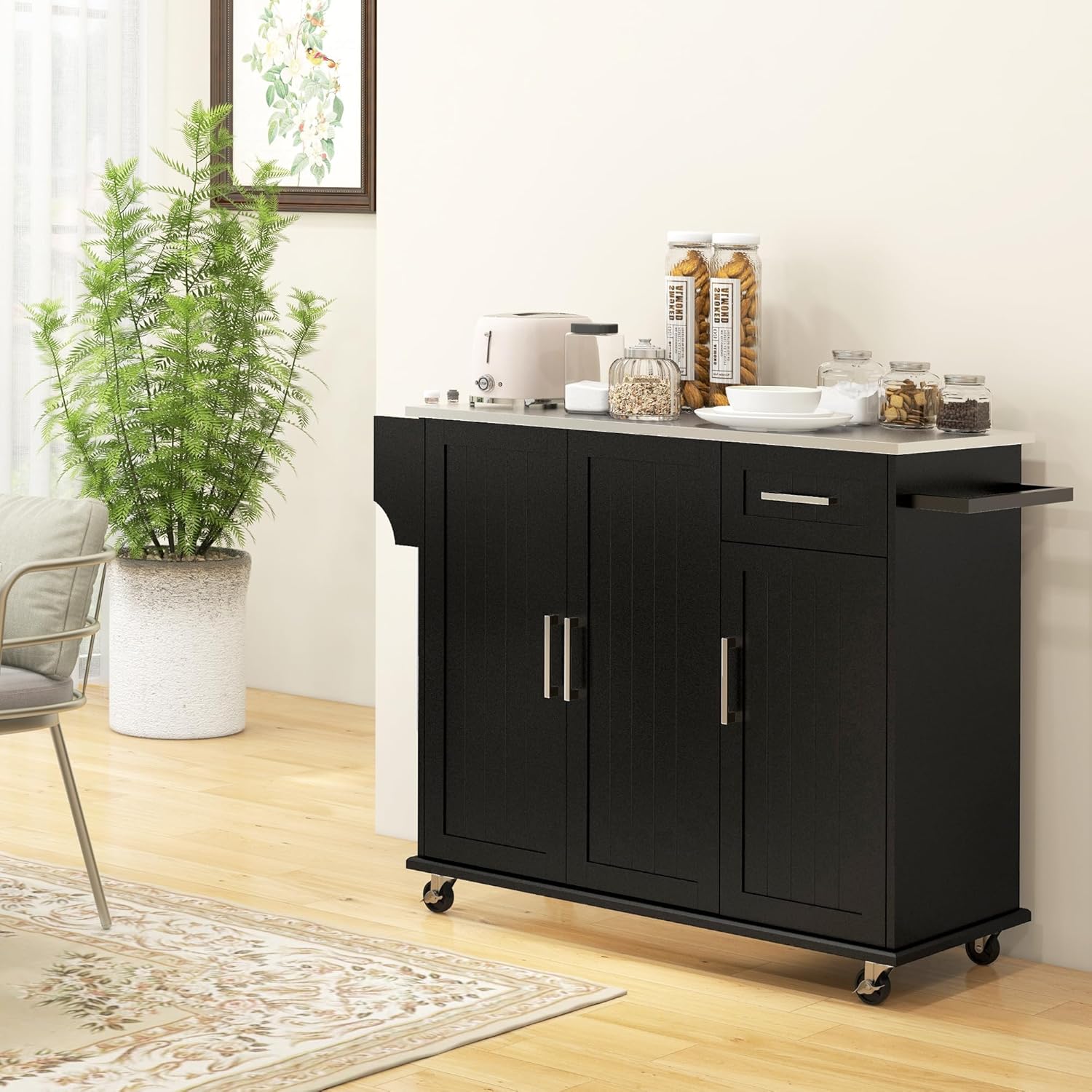 HOMCOM Kitchen Island with Storage, Rolling Kitchen Island on Wheels with Drawer, 3 Cabinets, Stainless Steel Countertop, Spice Rack and Towel Rack, Black
