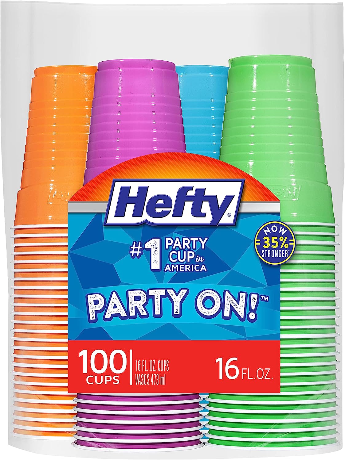 Hefty Party On Disposable Plastic Cups, Assorted, 16 Ounce, 100 Count