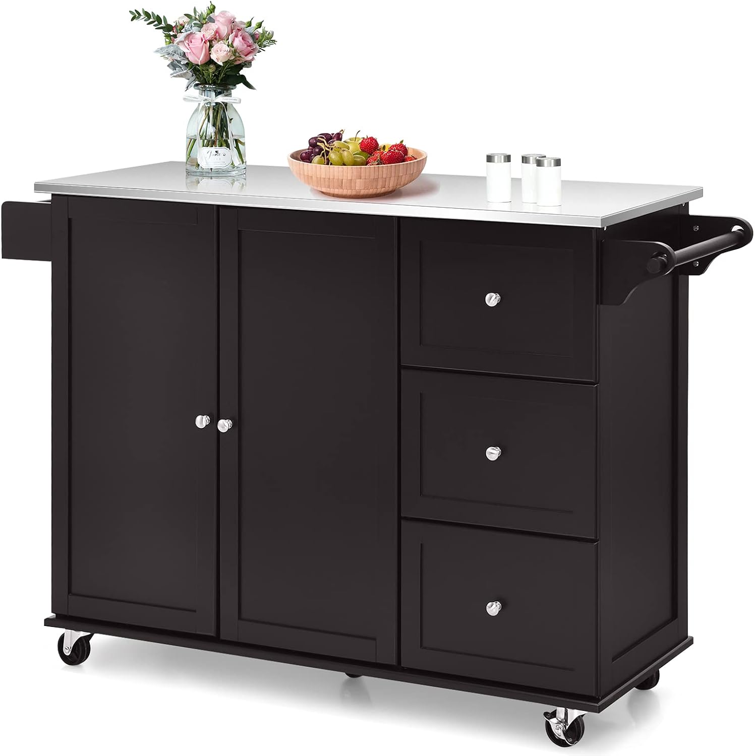 GORELAX Kitchen Island on Wheels with Stainless Steel Top, Rolling Kitchen Cart with Storage Drawers & Cabinet, Lockable Butcher Block Island w/Towel & Spice Rack for Dining Room (Black)