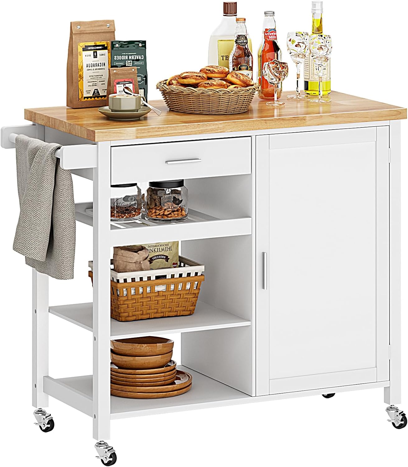 SogesHome Kitchen Island Cart with Storage, Sideboard and Buffet with Lockable Wheels, Bar Cart with Large Countertop, with Towel Holder&Spice Rack&1-Drawers&1-Door Cabinets&3-Tier Open Shelf