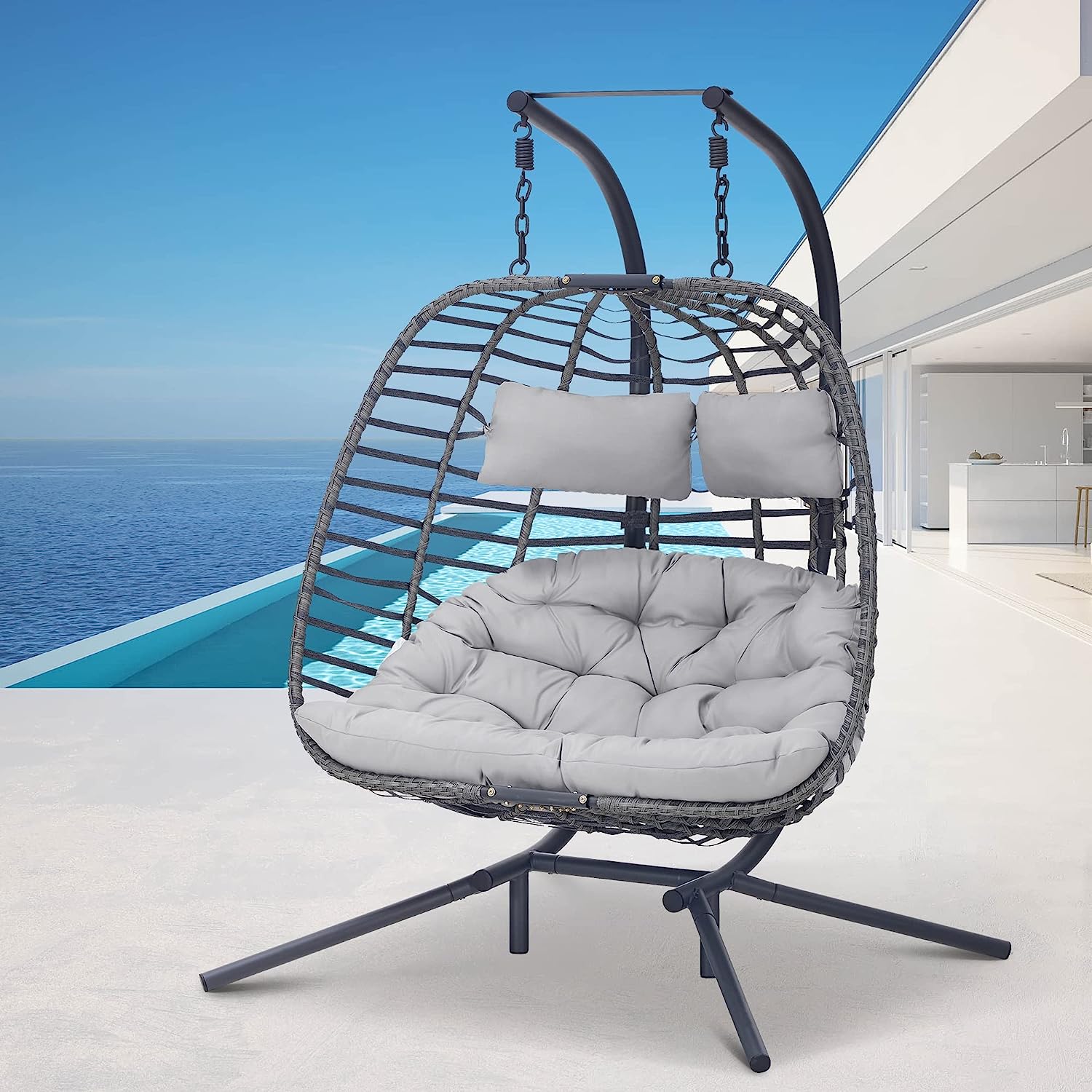 2 Person Hanging Egg Chair with Stand for Outdoor, Patio Hand Made Rattan Wicker Double Egg Swing Chairs Hammock Chair with UV Resistant Cushion and Metal Frame, Porch Swing Loveseat for Backyard