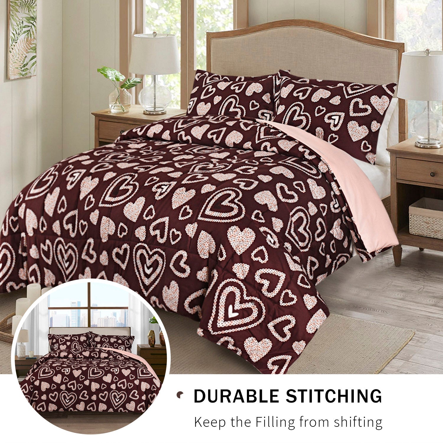 HIG Romantic Love Heart Print Comforter Set, 3 Piece Quilted Down Alternative Comforter with 2 Shams