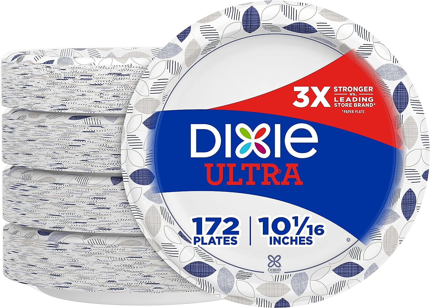 Dixie Ultra Paper Plates, 10 1/16 inch, Dinner Size Printed Disposable Plate, 172 Count (4 Packs of 43 Plates), Packaging and Design May Vary