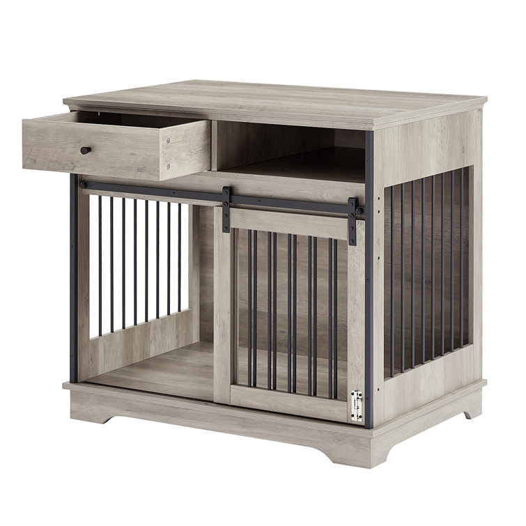 Rustic Grey Furniture Style Dog Crate Dog Cage Kennel Barn Door W/ Drawer Open Shelf