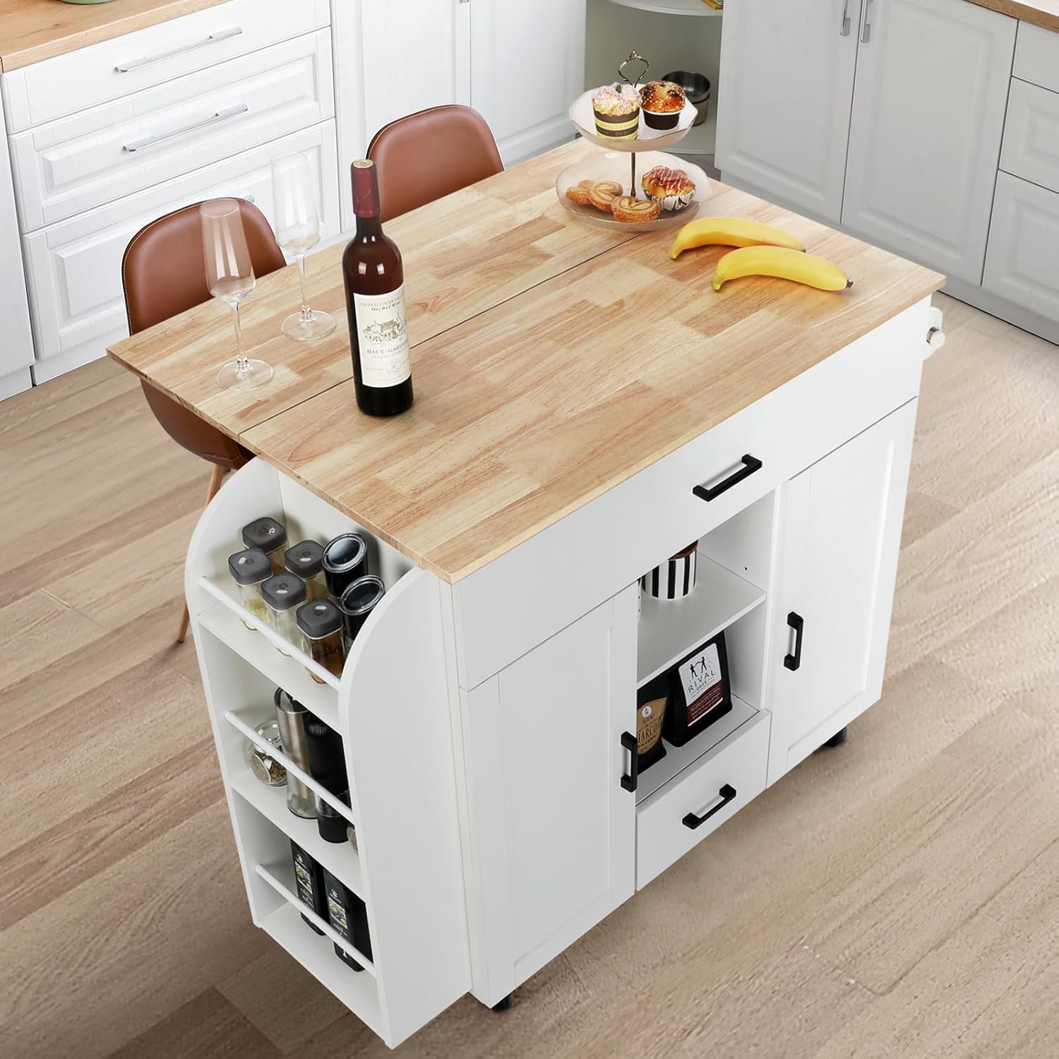 VOWNER Kitchen Island with Drop Leaf, Island Table Kitchen with Storage, Solid Wood Countertop Rolling Kitchen Cart, Open Shelves, 2 Drawers & 2 Cabinets, for Kitchen Dinning Room, White