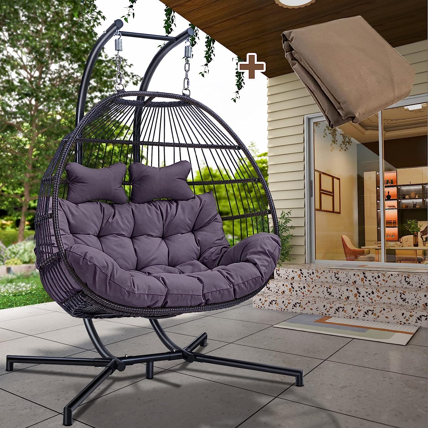 Double Egg Chair with Stand, Foldable 2-Person Hanging Swing Chair with Cover and UV Cushion, X-Large Rattan Wicker Hammock Chair for Indoor Outdoor Garden Patio (Black Frame + Gray Cushion)
