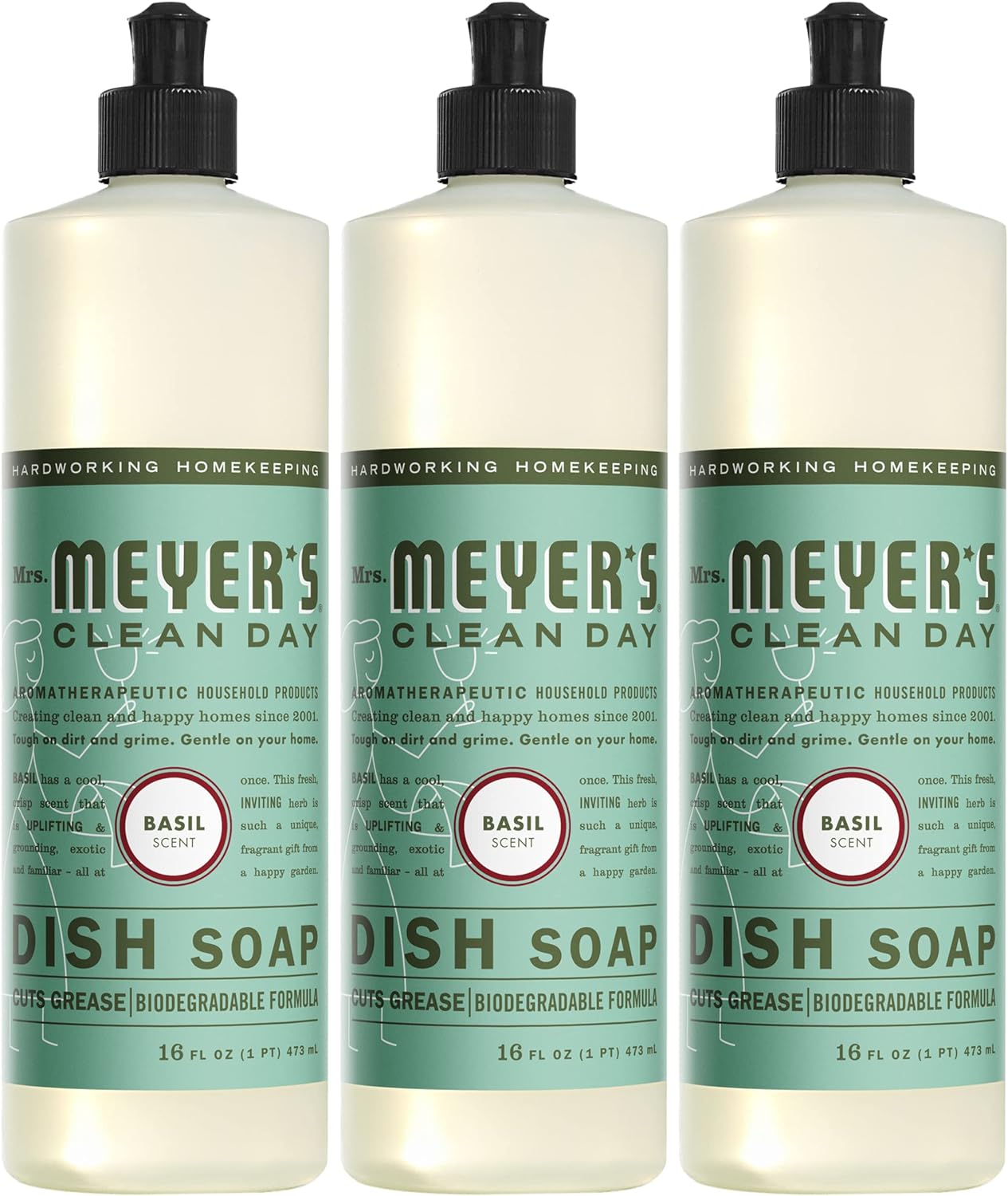 Mrs. Meyer's Liquid Dish Soap, Biodegradable Formula, Basil, 16 fl. oz - Pack of 3