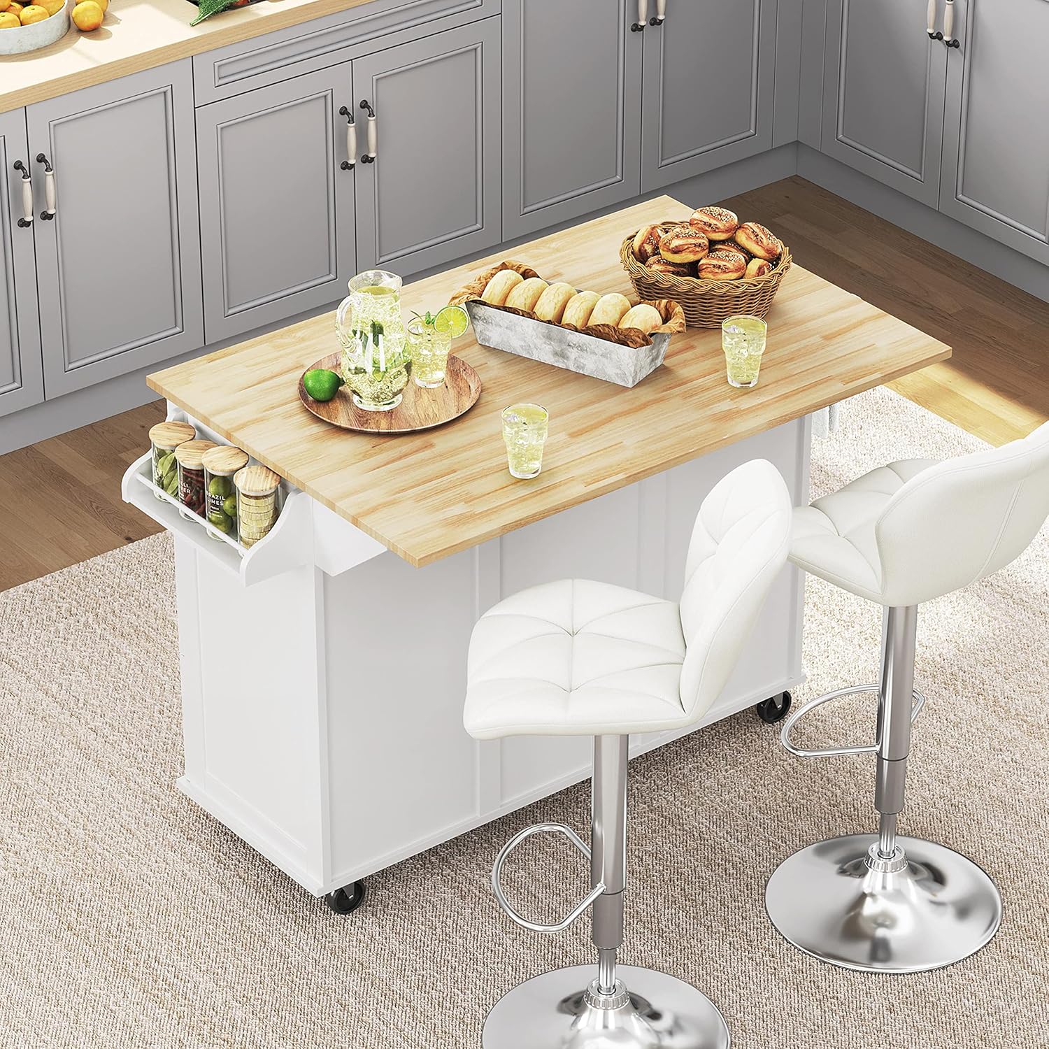 Yaheetech Kitchen Island Cart with Drop-Leaf Countertop, Rolling Kitchen Island Breakfast Bar Table on Wheels with Storage Cabinet & 3 Drawers & Spice Rack for Dinning Room, 53 Inch Width, Black