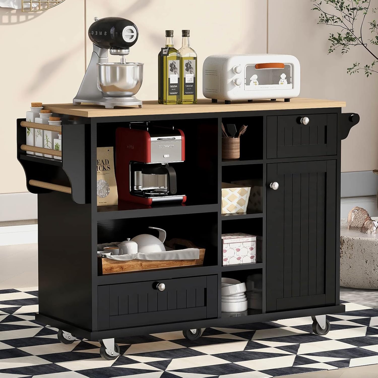 NIOIIKIT Rolling Mobile Kitchen Island 52.7'' with Solid Wood Top and 5 Easy-Glide Drawers, Storage Cabinet with 2 Locking Wheels, Spice Rack,2 Adjustable Shelves for Kitchen Dining Room