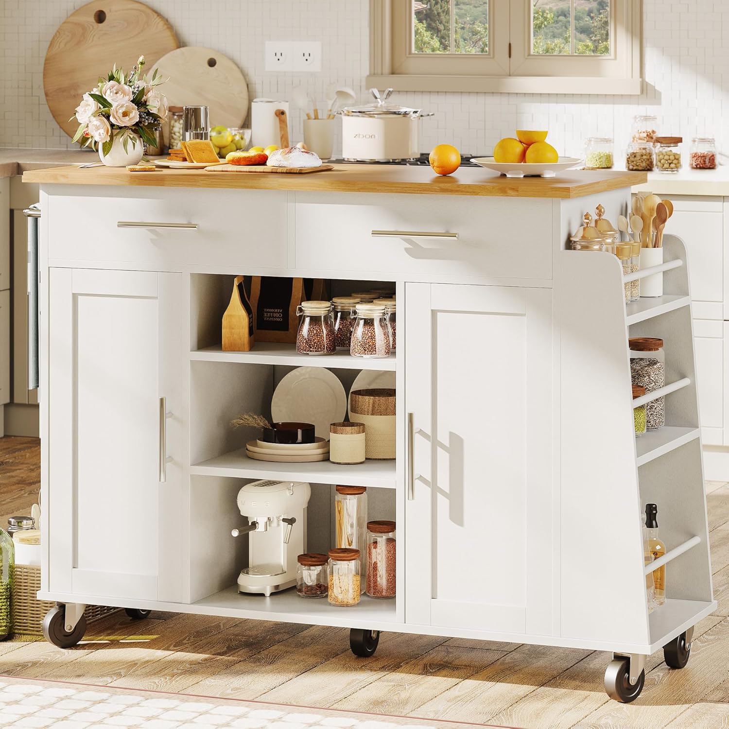 ABOVOBA Kitchen Island with Storage, Kitchen Island Cart on Wheels, Island Table for Kitchen with 3 Open Spice Rack Shelf, Rolling Kicthen Island with Towel Rack (Black)