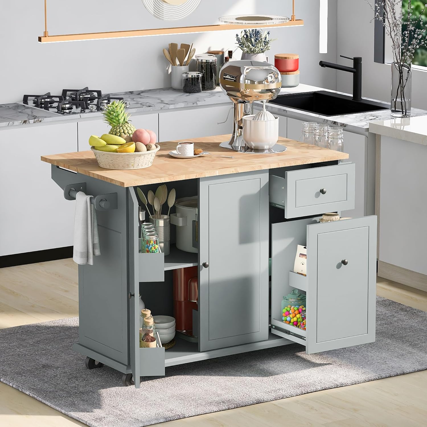 FEELLE Kitchen Island with Power Outlet, Kitchen Storage Cart with Drop Leaf and Rubber Wood, Open Storage and Wine Rack, 5 Wheels with Adjustable Storage for Home, Kitchen, and Dining Room, Blue