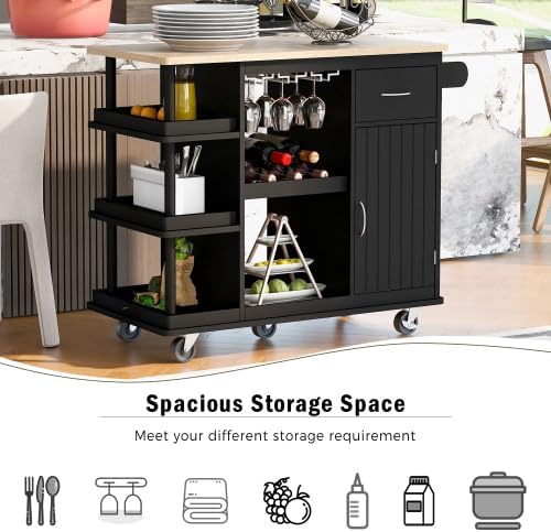 FridayParts Multipurpose Kitchen Cart Cabinet with Side Storage Shelves,Rubber Wood Top, Adjustable Storage Shelves, 5 Wheels, Kitchen Storage Island with Wine Rack for Dining Room, Home,Bar,Grey Blue