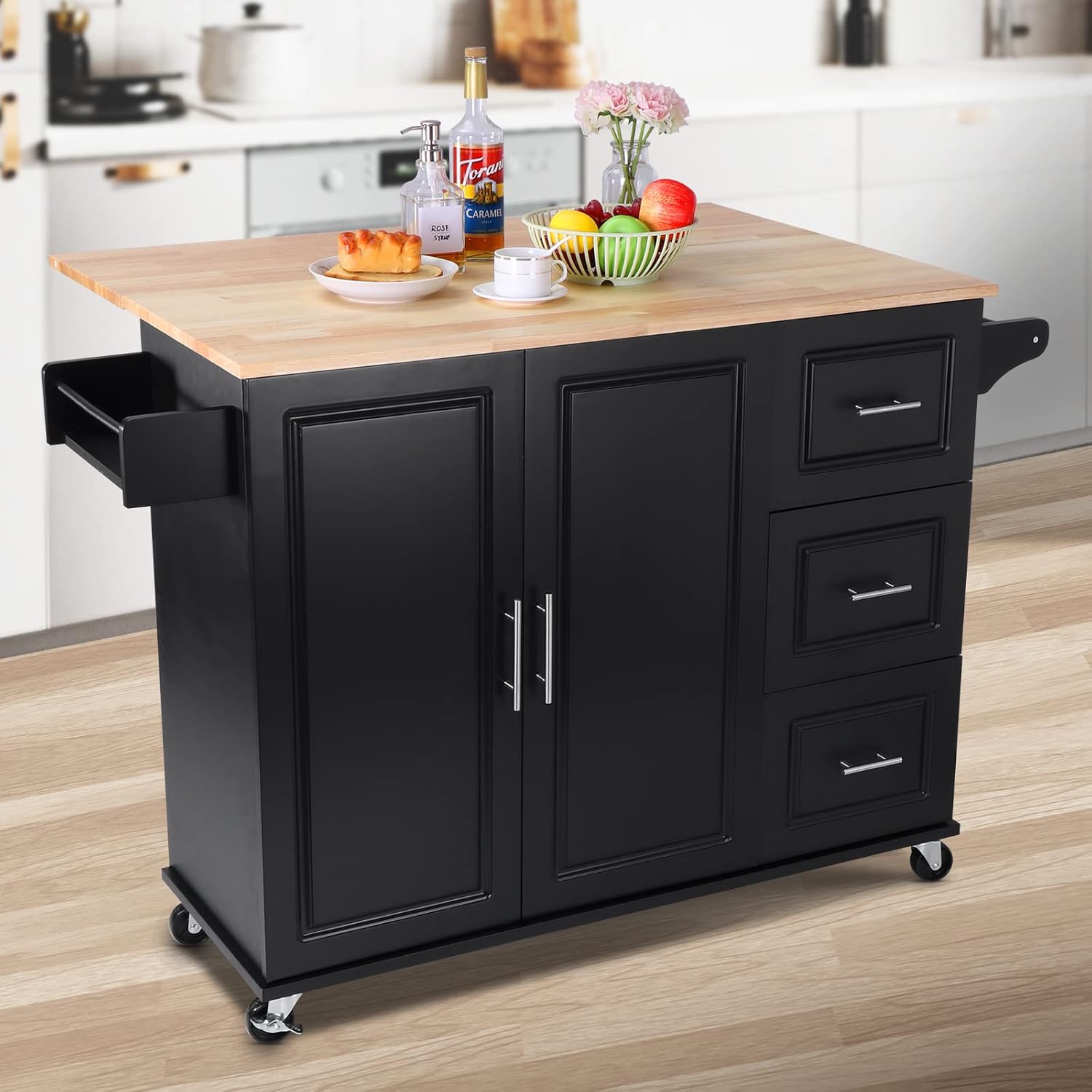 Unovivy Large Kitchen Island with Storage, Kitchen Cart on Wheels with 2 Large Drawers, Adjustable Shelf Inside Cabinet, Spice Rack & Towel Rack, Simple Design Rolling Island Table for Kitchen