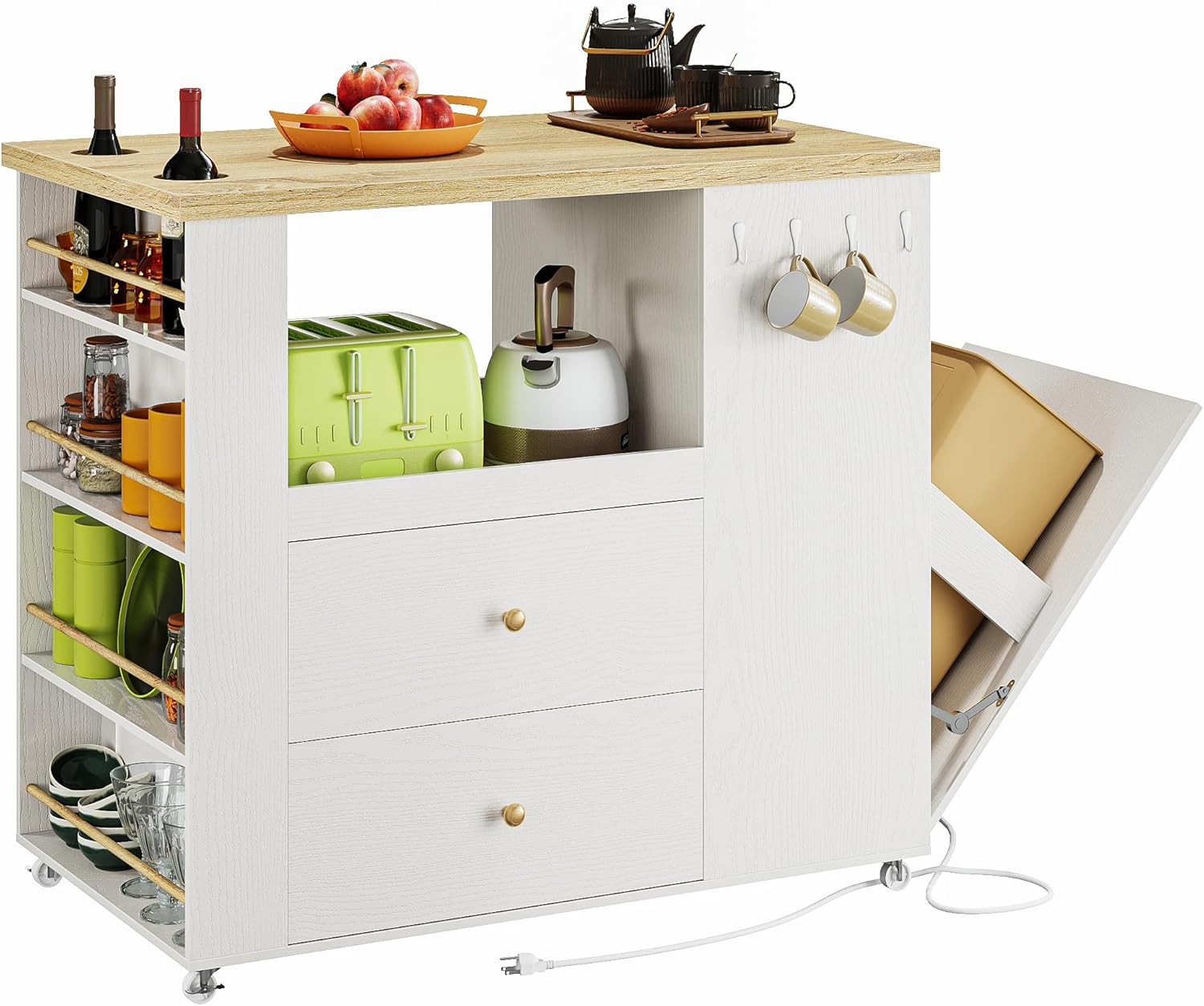IRONCK Kitchen Island with Trash Can Cabinet, Rolling Kitchen Table with Power Outlets, with Spice Rack, and 2 Drawers, Solid Wood Top, White