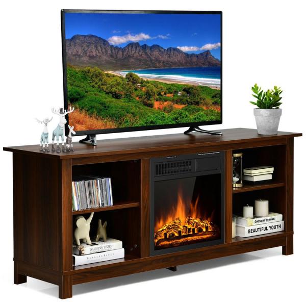 58 in. Fireplace TV Stand with 18 in. 1500-Watt Electric Fireplace 65 in. Walnut (2-Tier)